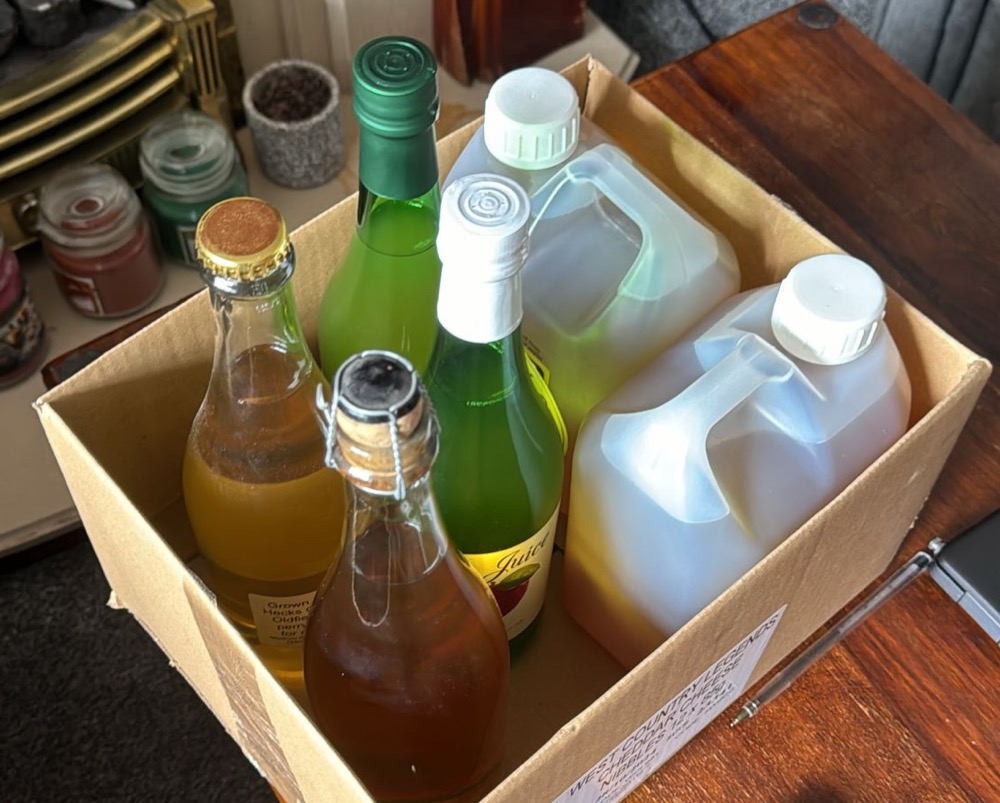 A cardboard box of cider bottles and flagons